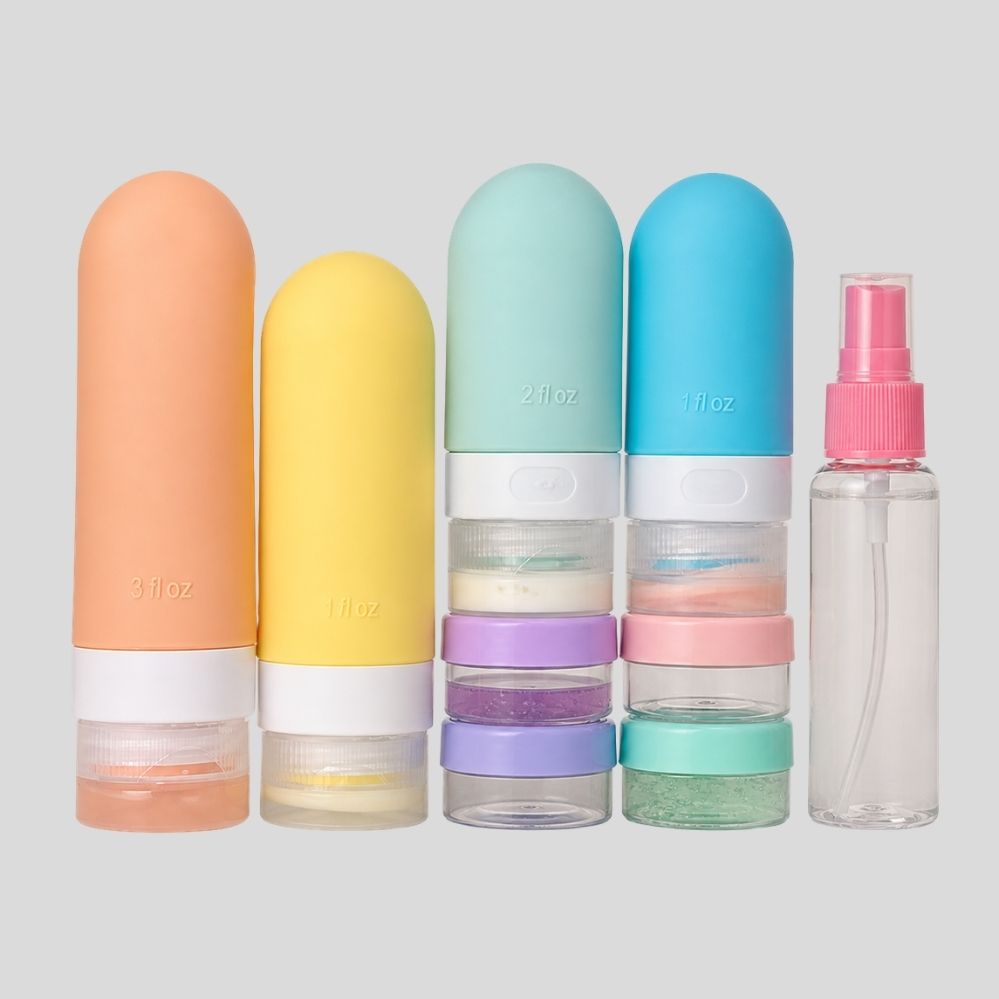 Set de 17 flacons de voyage en silicone – anti-fuites, cosmétiques & toilette avec sac