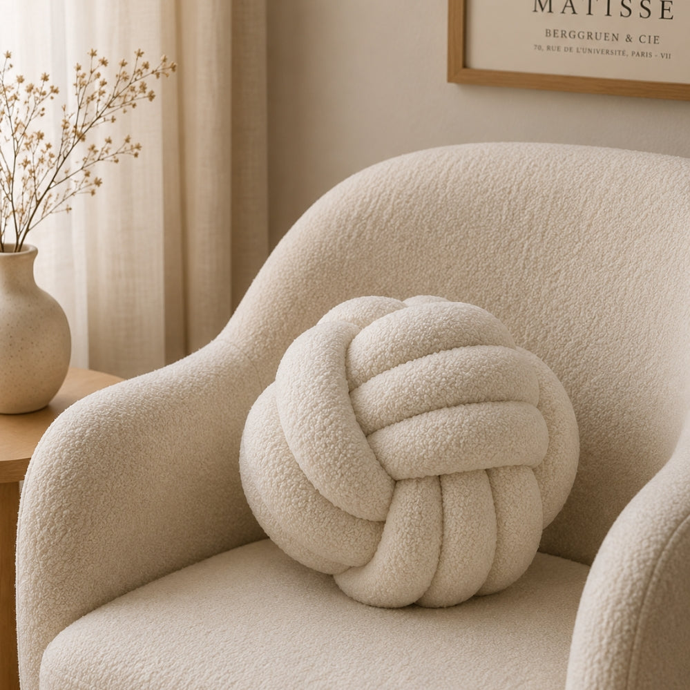 Coussin Boule à Nœuds Style Agneau – Oreiller Décoratif pour Canapé et Chambre