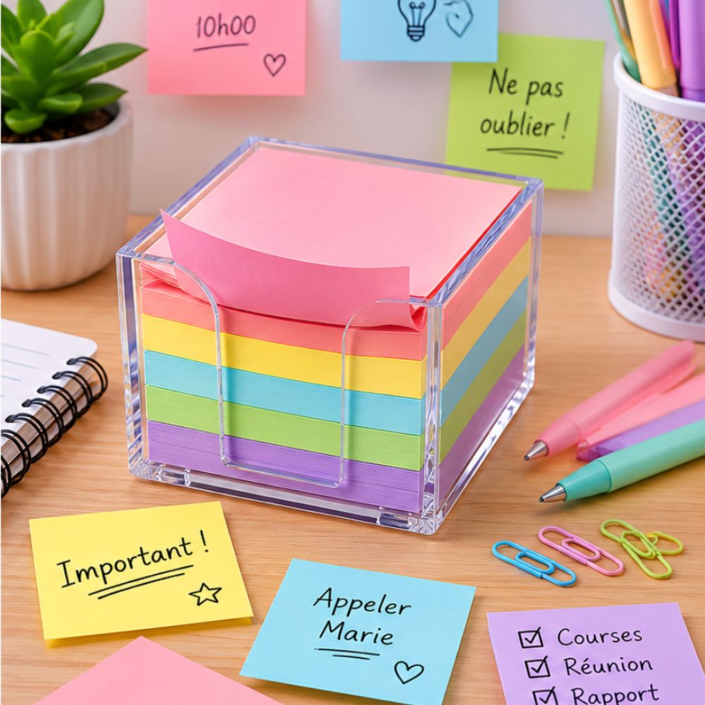 Lot de 500 notes autocollantes macaron – carrées, support acrylique, bureau & école