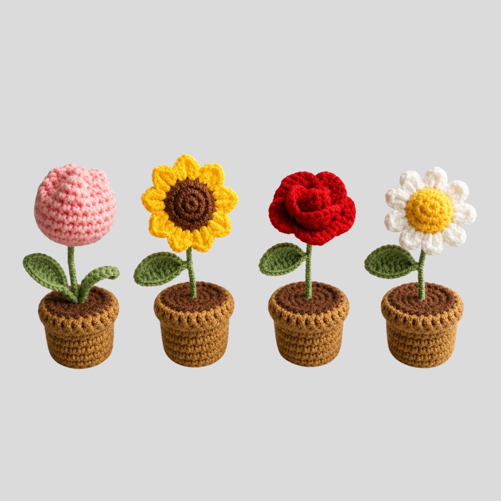 Plante artificielle crochetée main – pot décoratif laine, cadeau fête des Mères & Saint-Valentin