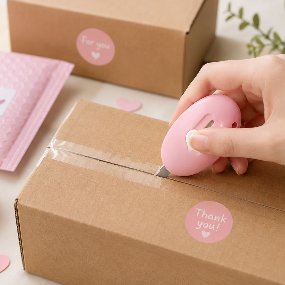 Cutter rétractable mignon avec bouton cœur pour ouverture de colis et loisirs créatifs au bureau ou à la maison
