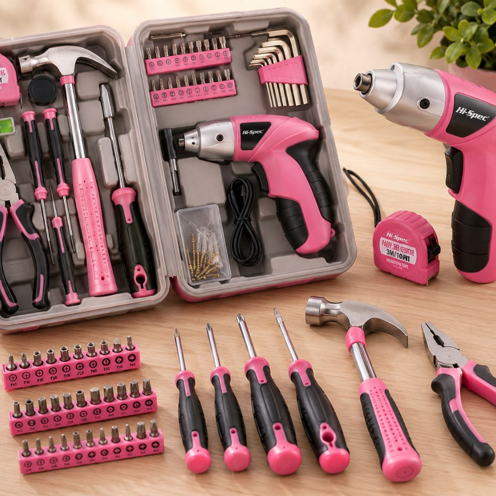 Kit tournevis électrique Hi-Spec 3.6V rose – outils multifonctions rechargeables avec accessoires