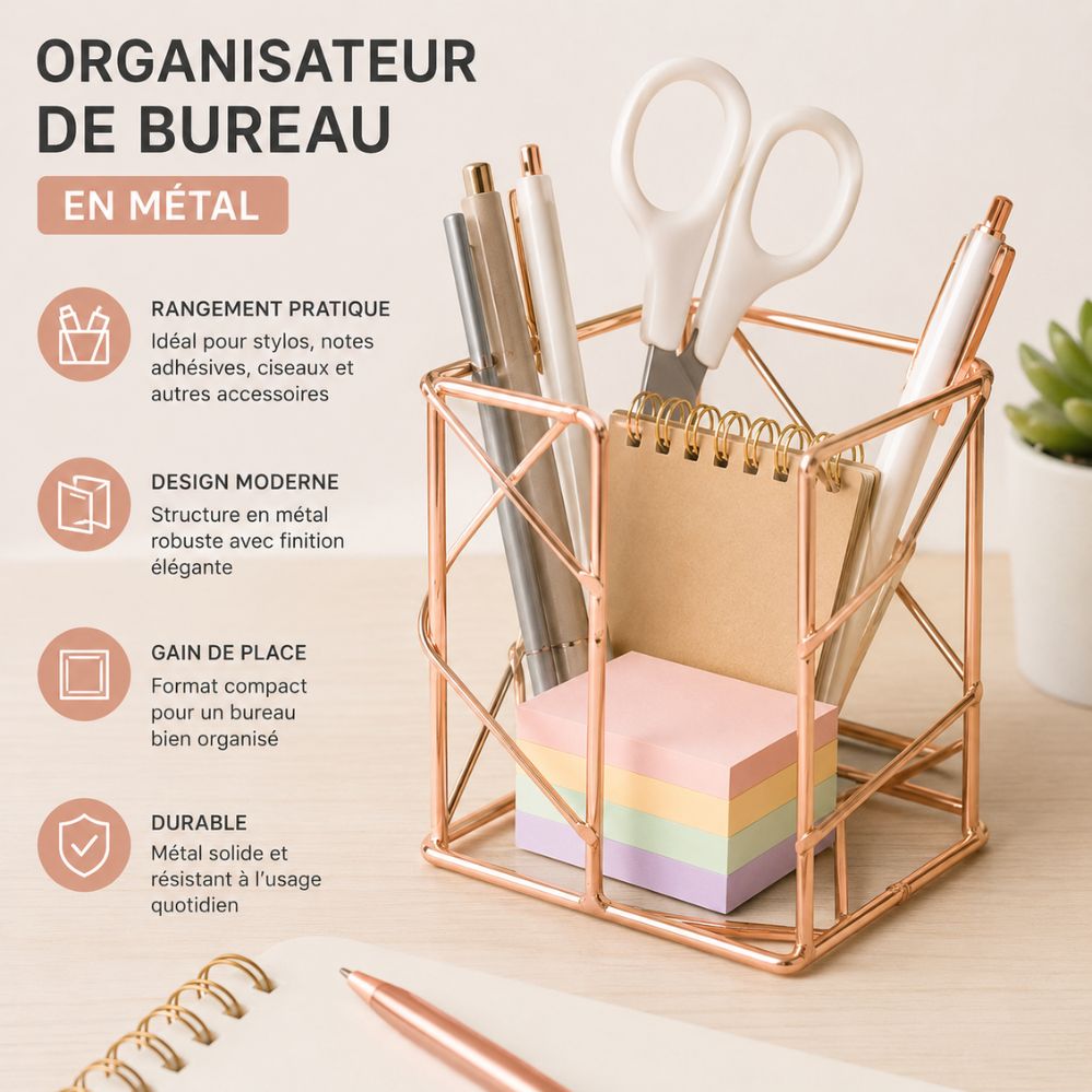 Organisateur de bureau carré en métal pour stylos, notes adhésives et accessoires de rangement quotidien