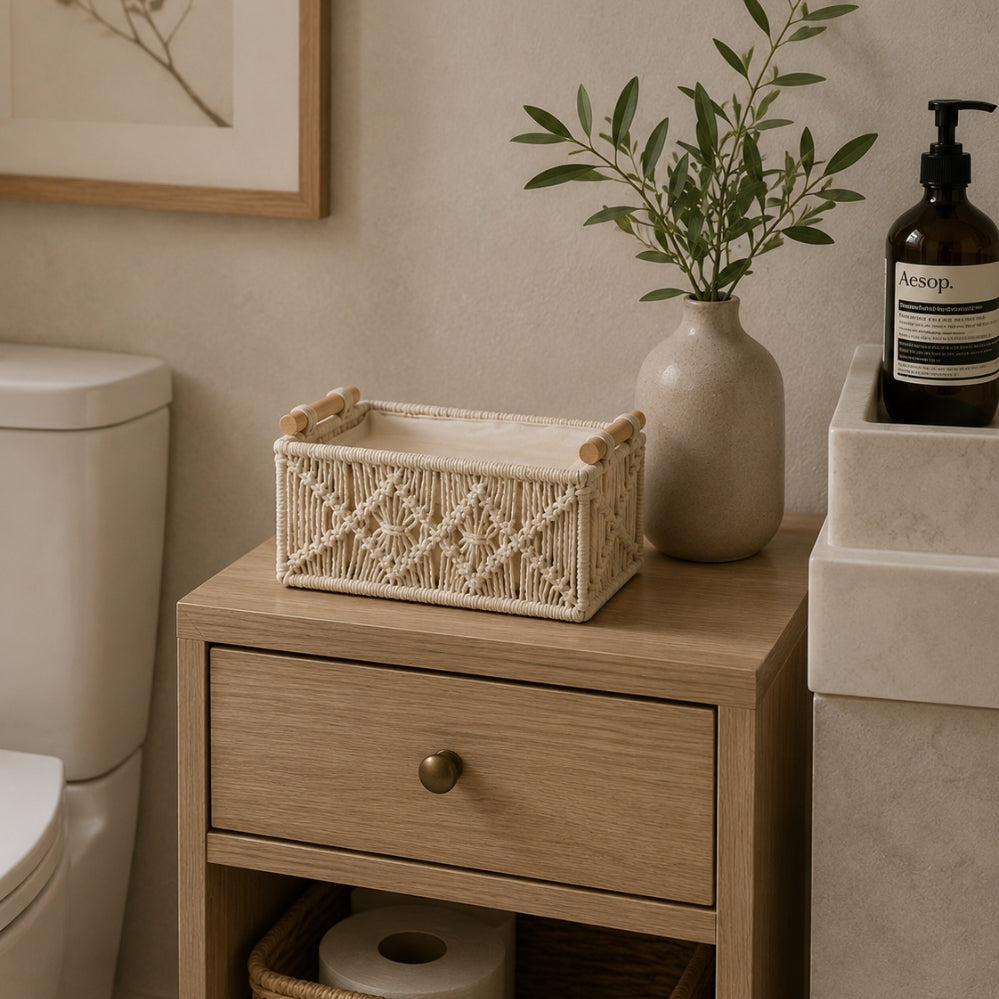 Panier de rangement nordique tressé à la main pour étagère, bureau ou salle de bain