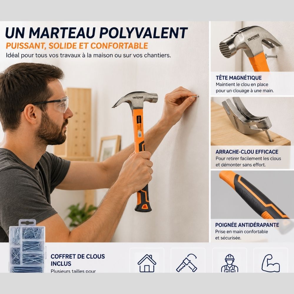 Set clous + marteau magnétique 280 pcs – clous muraux, réparation & suspension déco