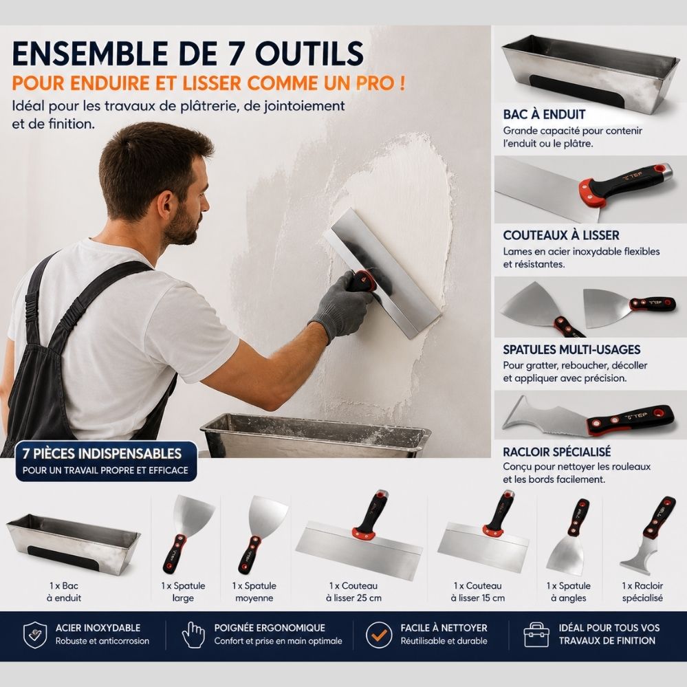 Set de 7 spatules et couteaux à mastic – rénovation, ciment & travaux de finition