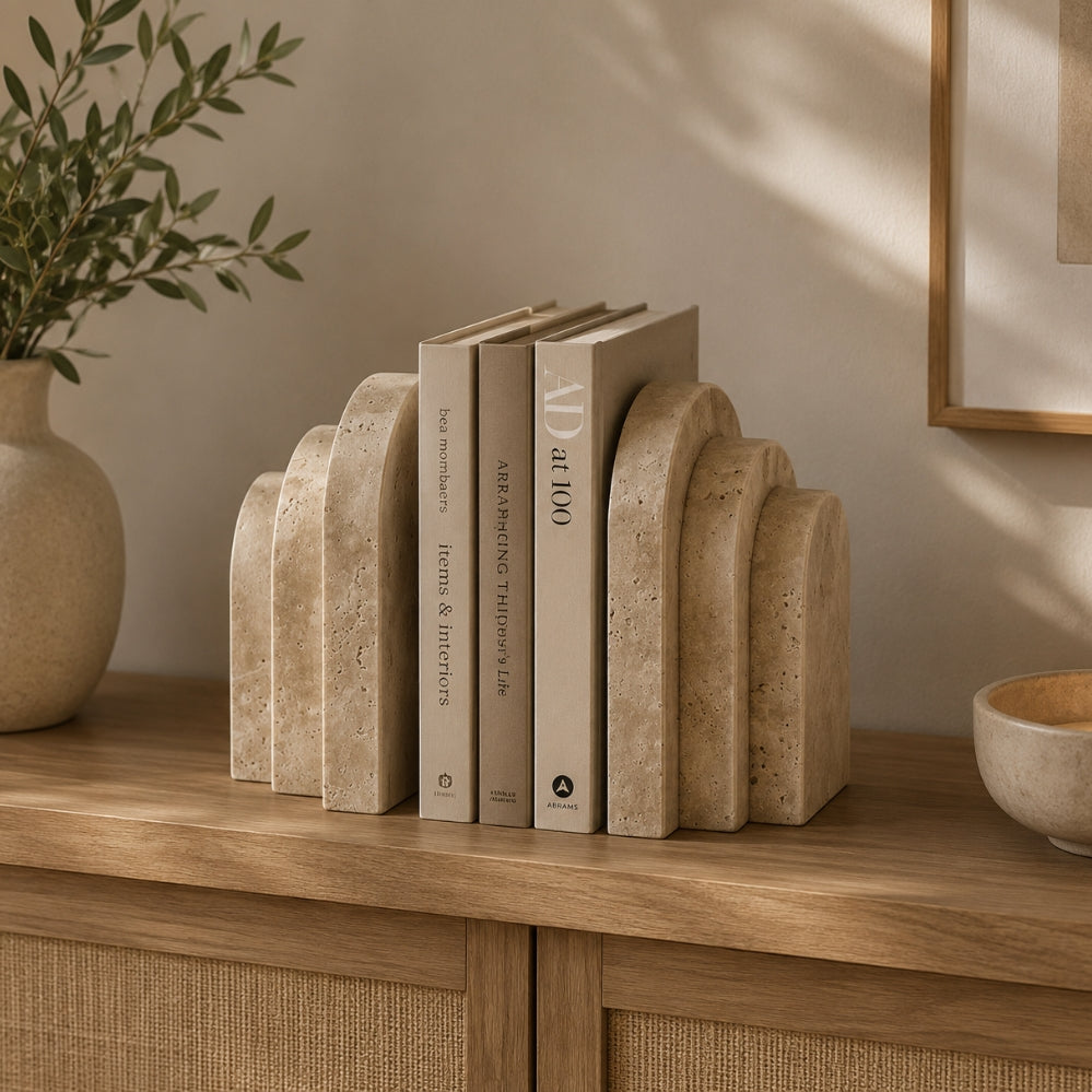 Serre-livres en marbre naturel style travertin pour étagère, bureau et décoration intérieure rétro