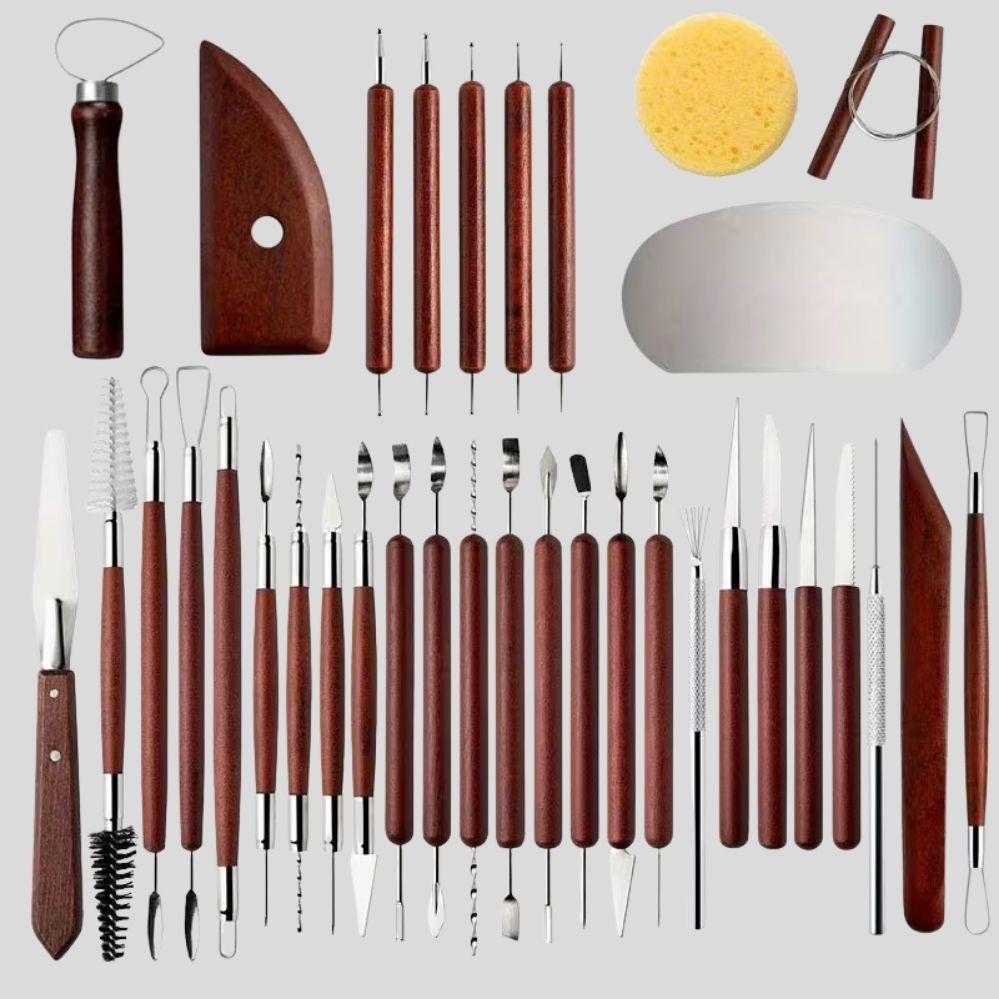 Kit poterie 35 pièces – outils céramique & modelage terre, bois & accessoires artisanat