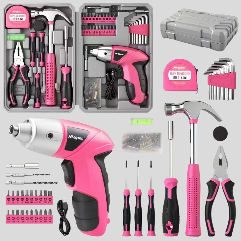 Kit tournevis électrique Hi-Spec 3.6V rose – outils multifonctions rechargeables avec accessoires