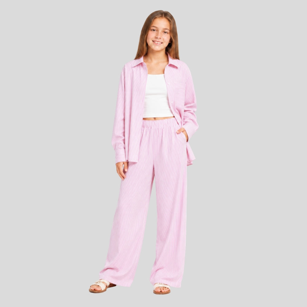 Ensemble ado 3 pièces rayé – chemise + pantalon, style printemps/automne extérieur