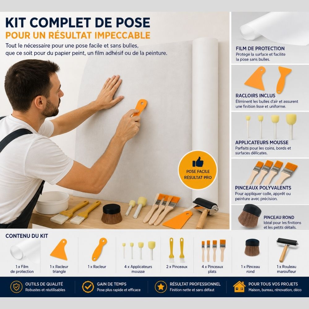 Kit décoration 15 pièces – rouleaux mousse & pinceaux lissants, rénovation meubles sans bulles