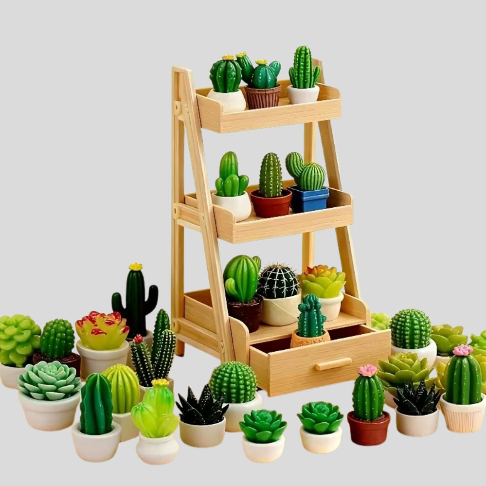 Set 17 pièces mini cactus – succulentes réalistes pour maison de poupée + support