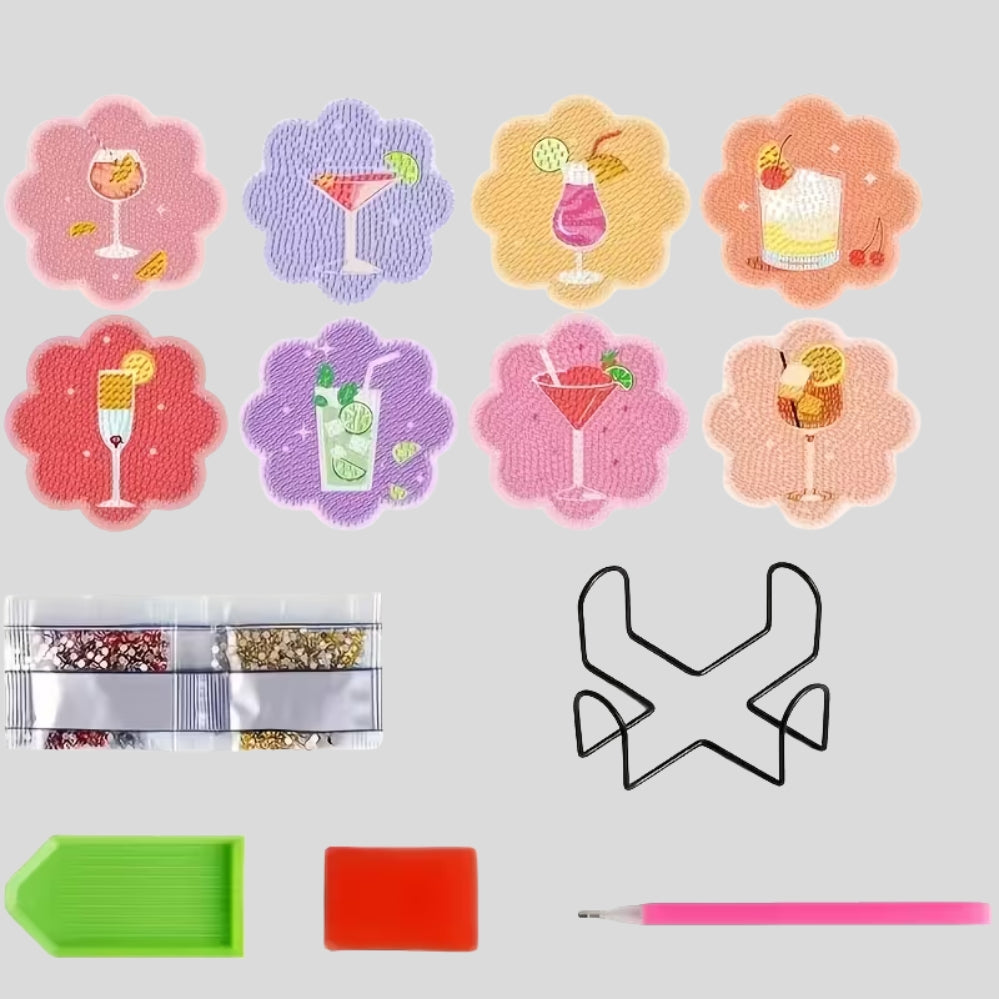 Lot de 8 dessous de verre diamant DIY – support inclus, résistants à la chaleur