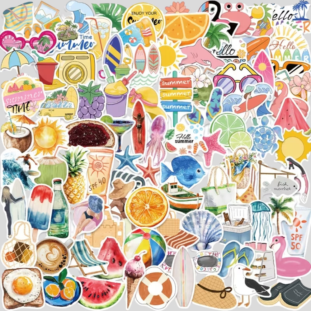 Lot de 100 stickers été plage vintage – déco scrapbooking & objets personnels