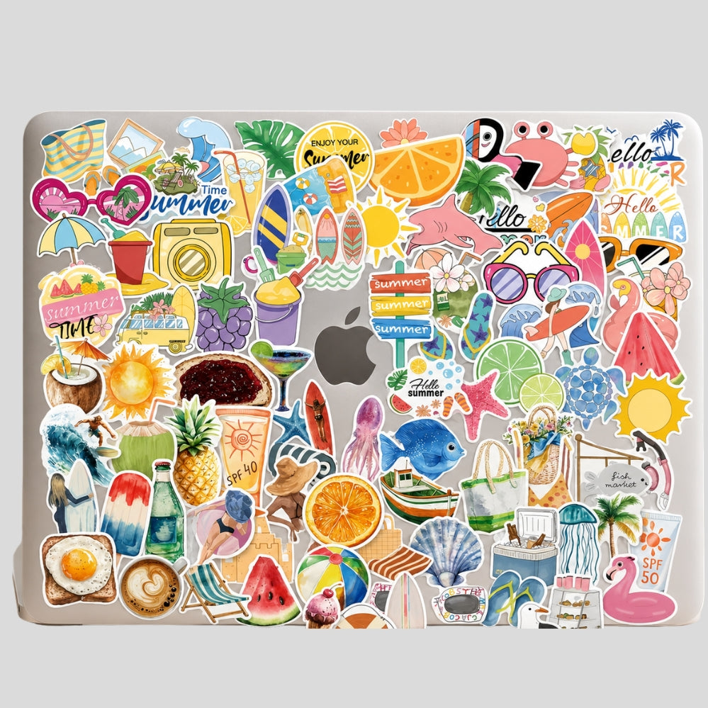 Lot de 100 stickers été plage vintage – déco scrapbooking & objets personnels