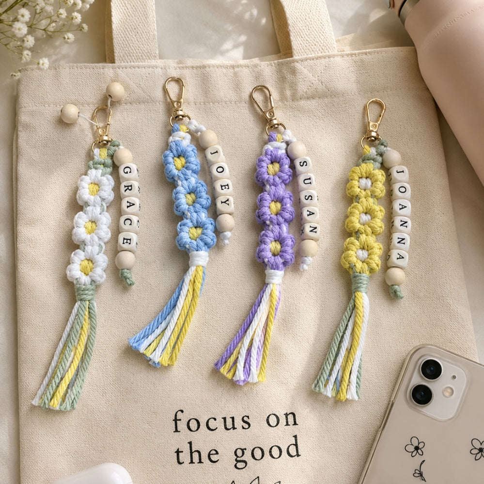 Kit DIY 4 porte-clés bohème tissés – clips sac & accessoires créatifs