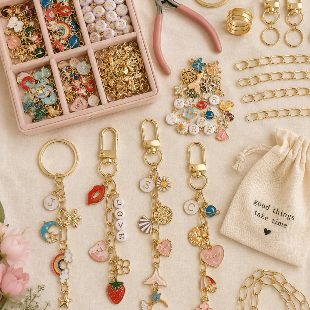 Kit porte-clés 213 pièces – chaînes, anneaux, pendentifs & accessoires DIY créatifs