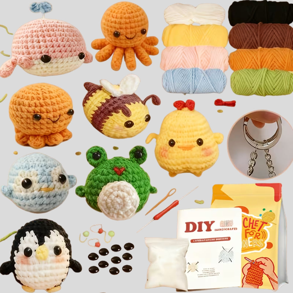 Kit crochet débutant 8 pièces – motifs animaux adorables, fil & outils inclus