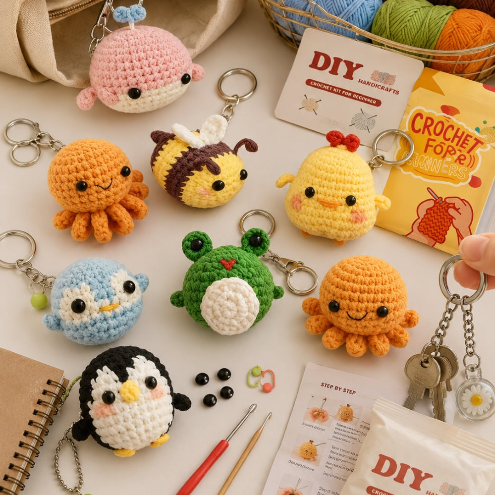 Kit crochet débutant 8 pièces – motifs animaux adorables, fil & outils inclus