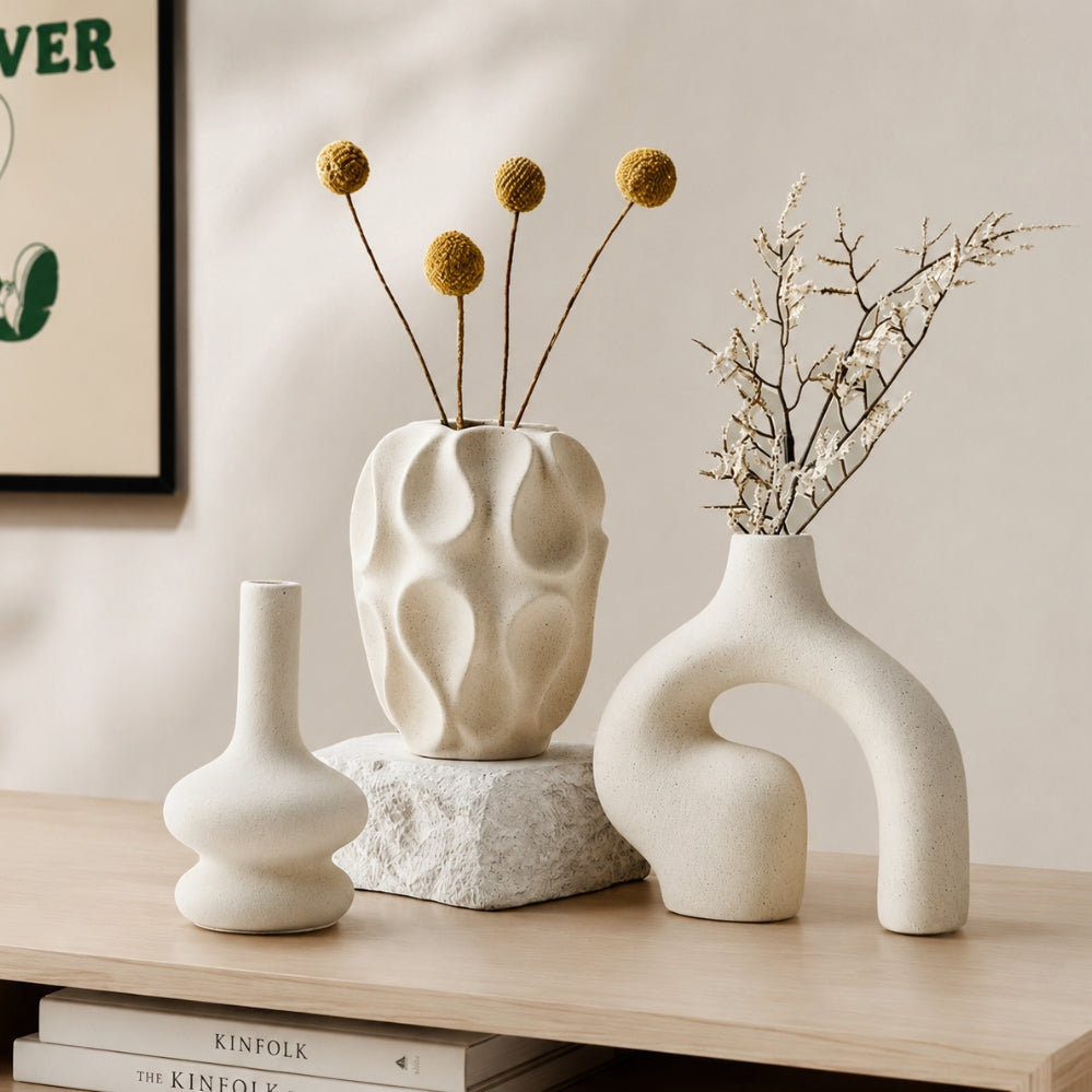 Lot de 3 Vases Bohèmes Blancs – Décoration Minimaliste pour Salon et Intérieur