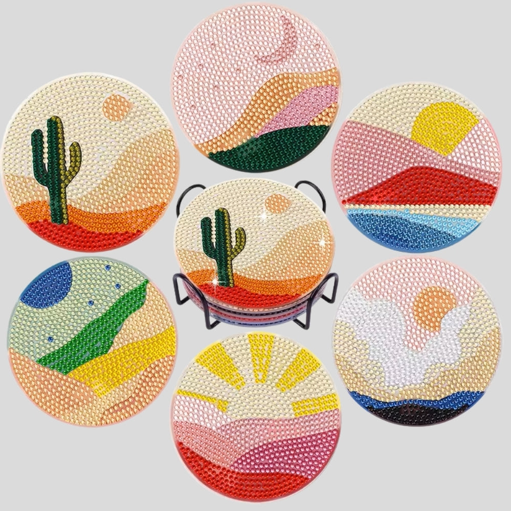 Lot de 6 sous-verres peinture diamant – motifs désert jour/nuit avec support, DIY débutants