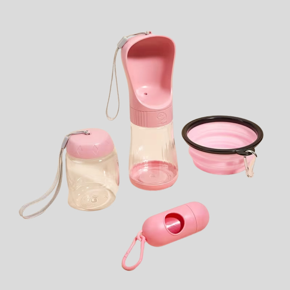 Bouteille d’eau portable pour chien avec bol pliable, rangement et sac à déjections intégré