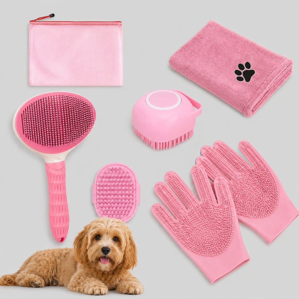 Kit de toilettage 6 pièces pour chiens et chats avec brosse, serviette, gant de nettoyage, accessoires de massage et sac de rangement