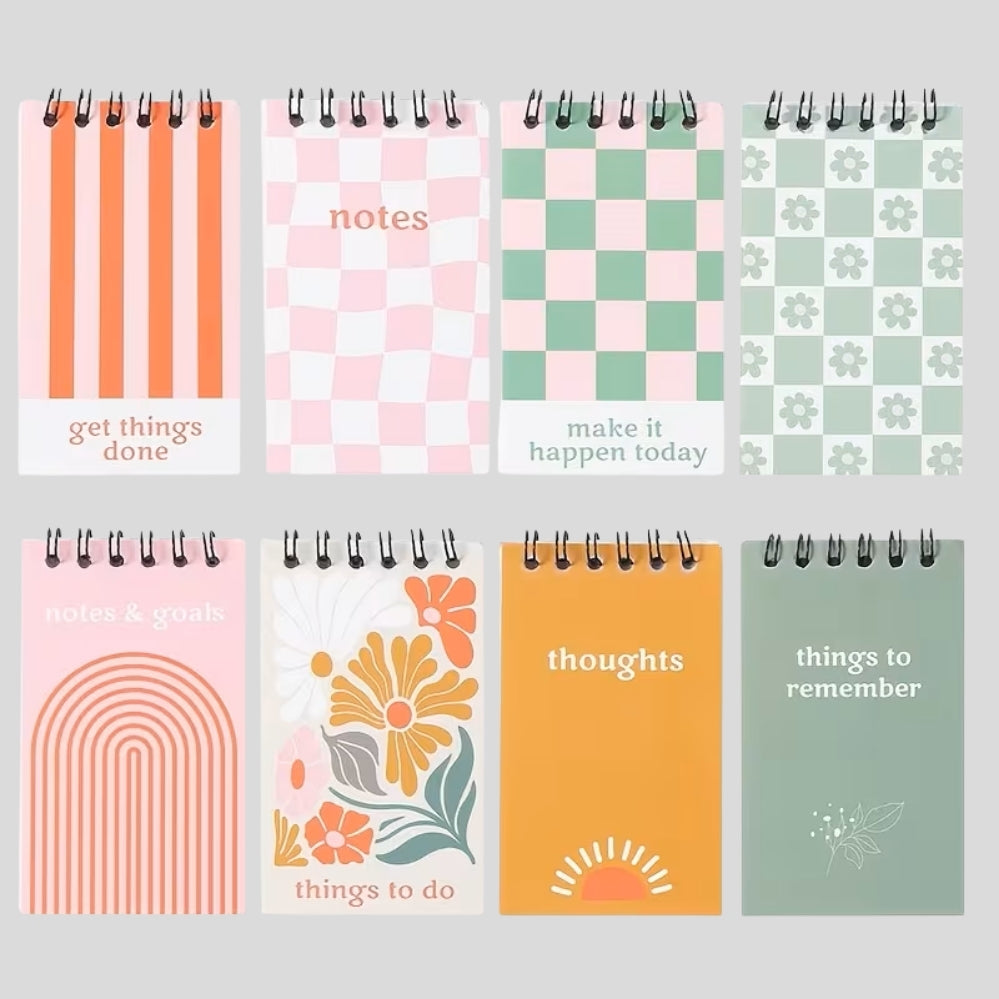 Lot de 8 mini carnets à spirale motif printemps avec fleurs, rayures et carreaux vintage
