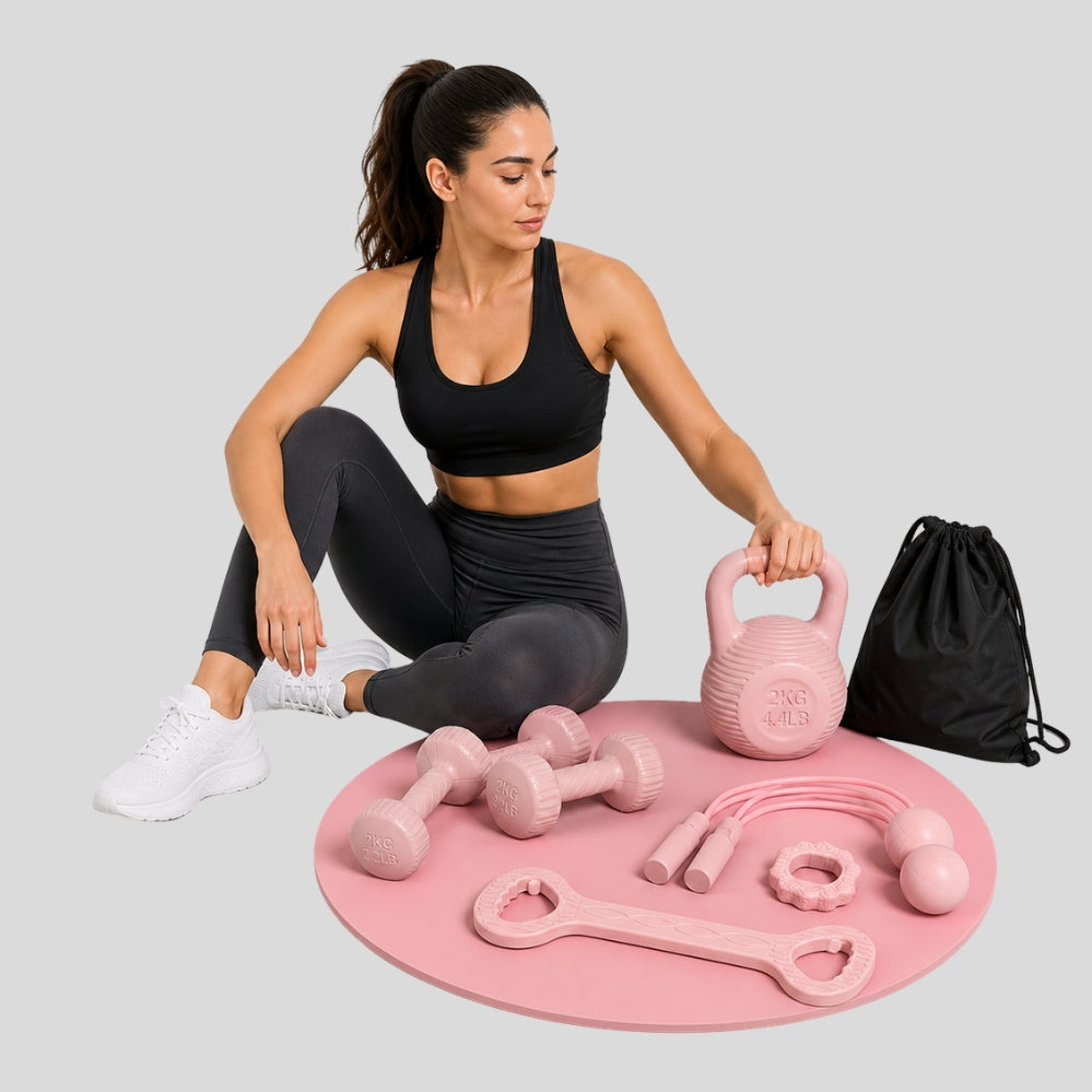 Set fitness 5 pièces – haltères eau, bande résistance, corde à sauter & accessoires, sac inclus