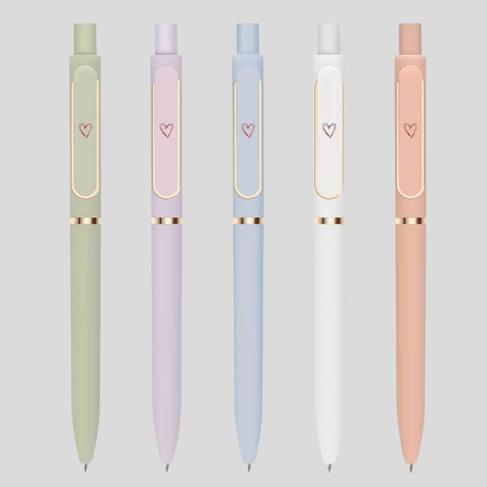 Lot de 5 stylos gel rétractables à séchage rapide avec motifs cœur et pointe fine 0,5 mm