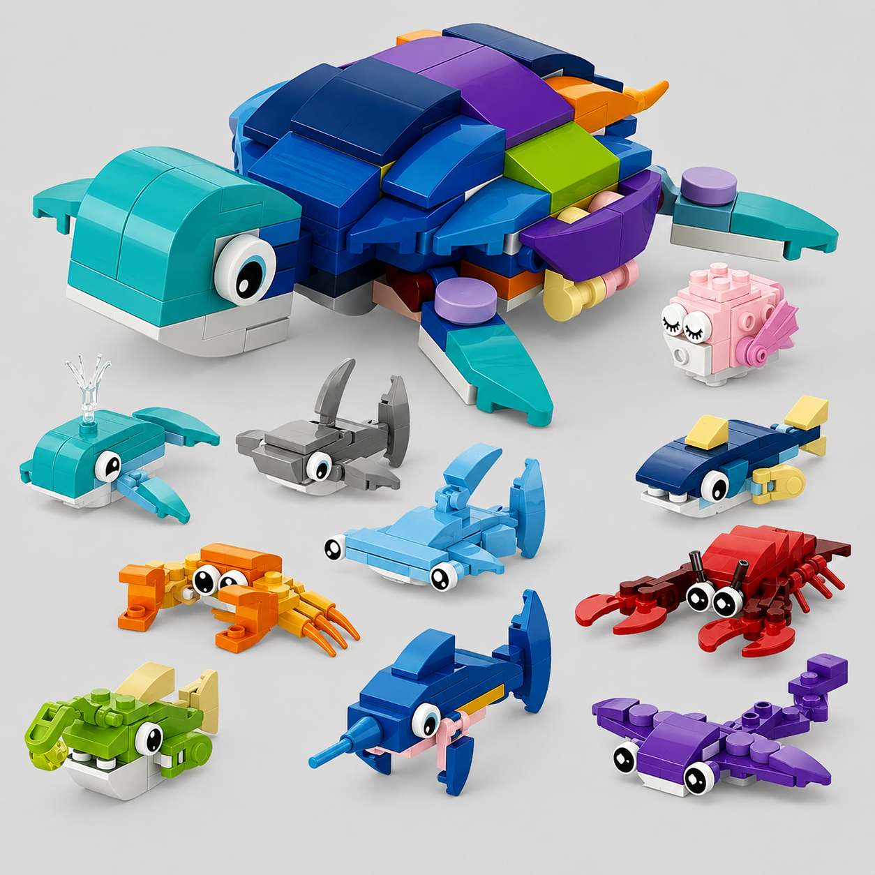 Jeu de Construction 10-en-1 Créatures de l’Océan – Mini Blocs d’Assemblage Animaux Marins pour Enfants