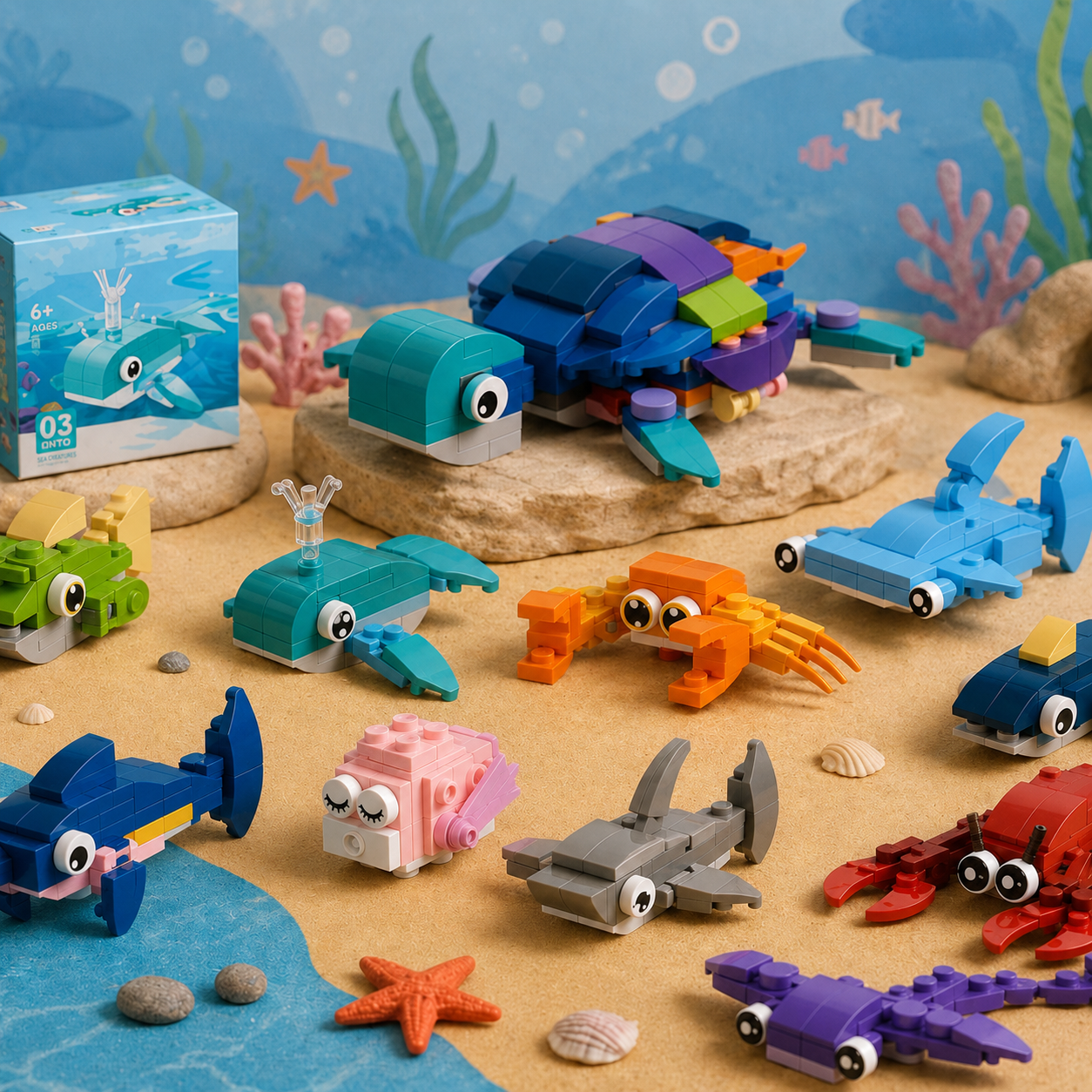 Jeu de Construction 10-en-1 Créatures de l’Océan – Mini Blocs d’Assemblage Animaux Marins pour Enfants