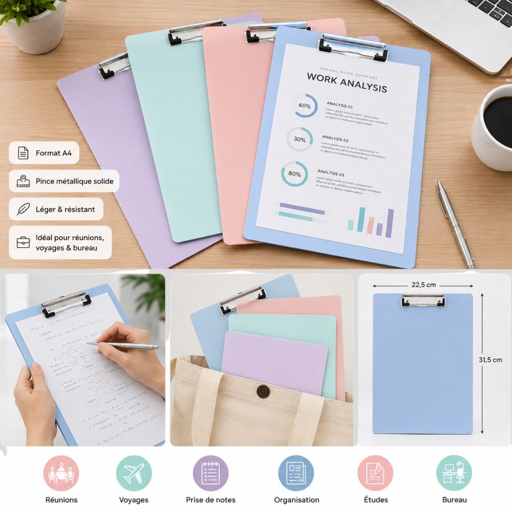 Pochette A4 avec clip bloc-notes – pratique réunions & voyage, fournitures bureau