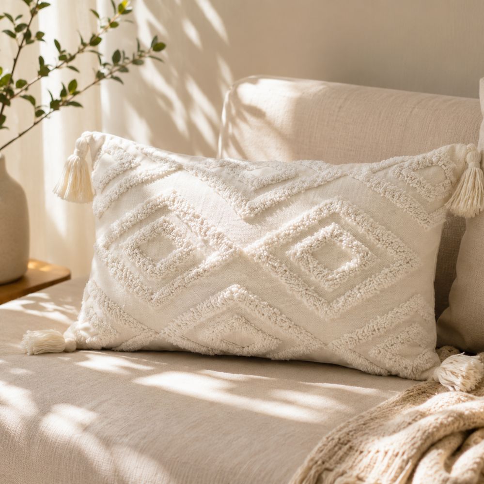 Housse de coussin bohème tuftée à motifs géométriques avec glands pour canapé, lit ou fauteuil