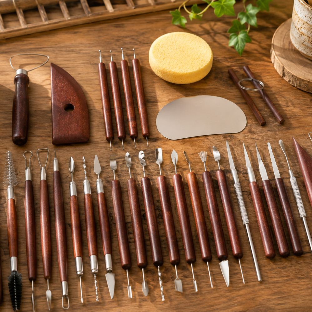 Kit poterie 35 pièces – outils céramique & modelage terre, bois & accessoires artisanat