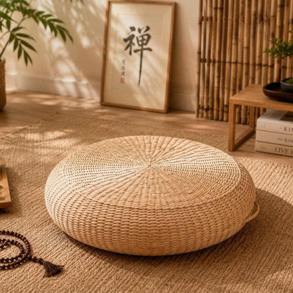 Coussin de méditation japonais rond en paille tressée à la main pour tatami et assise au sol