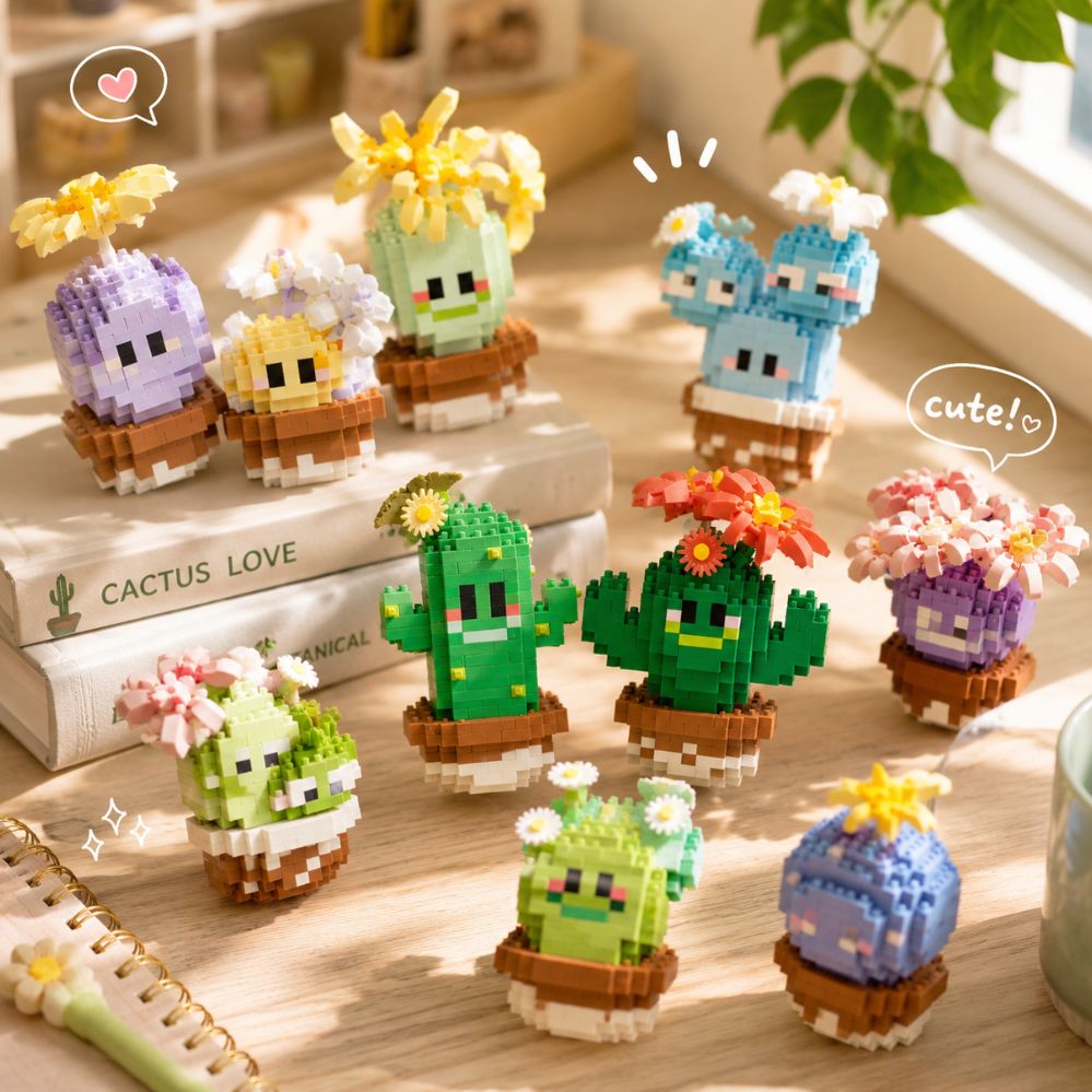 Blocs construction cactus mini – modèle cartoon, déco bureau & cadeau créatif