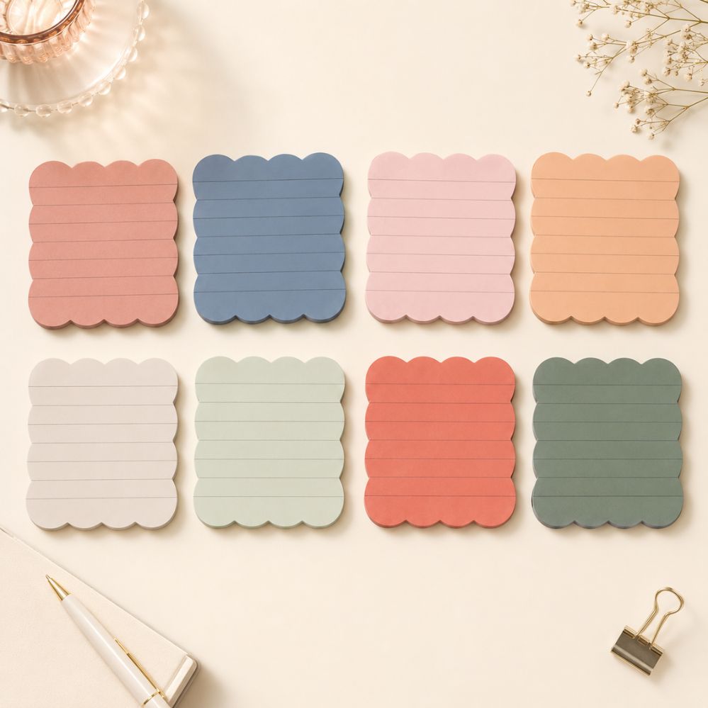 Set of 8 Vintage Scalloped Edge Sticky Notepads for Journals, Planners, and Office