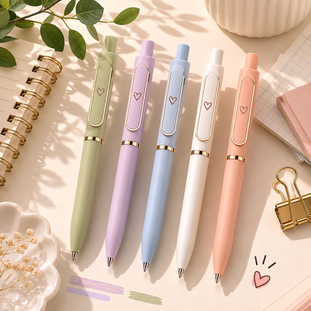 Lot de 5 stylos gel rétractables à séchage rapide avec motifs cœur et pointe fine 0,5 mm