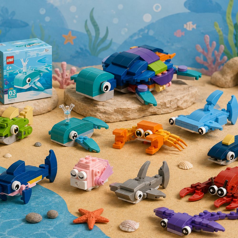 Jeu de Construction 10-en-1 Créatures de l’Océan – Mini Blocs d’Assemblage Animaux Marins pour Enfants