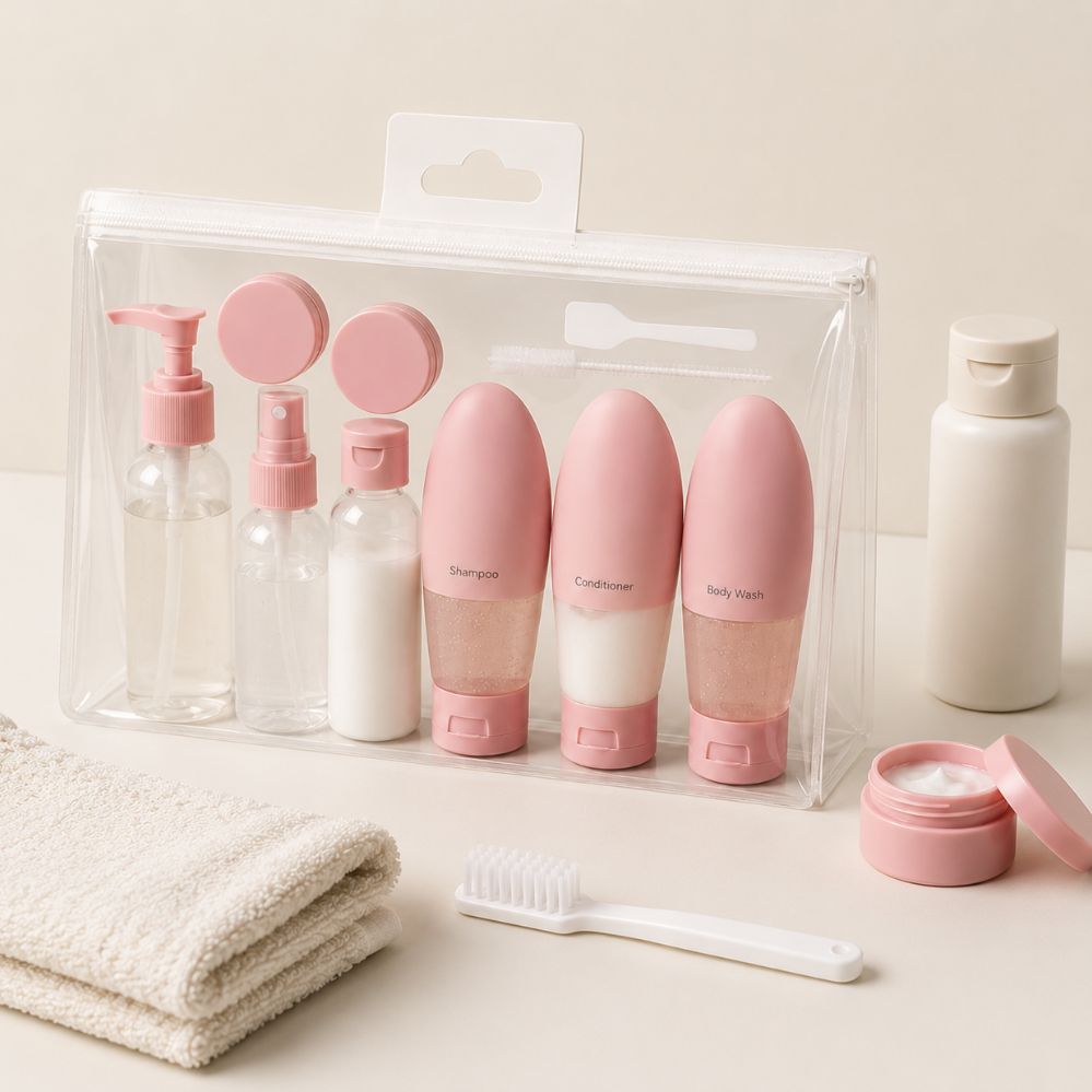 Kit voyage 11 pièces – flacons rechargeables pour shampoing & gel douche, portable