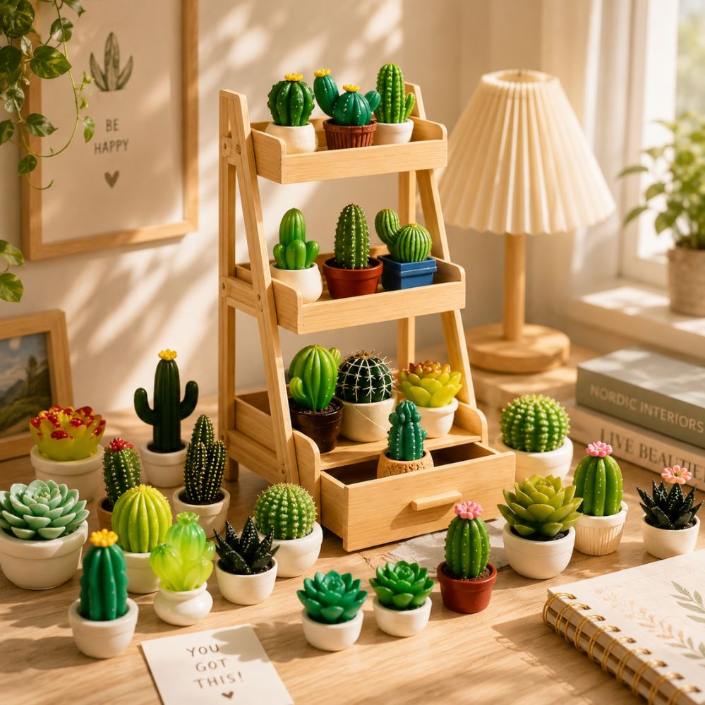 Set 17 pièces mini cactus – succulentes réalistes pour maison de poupée + support