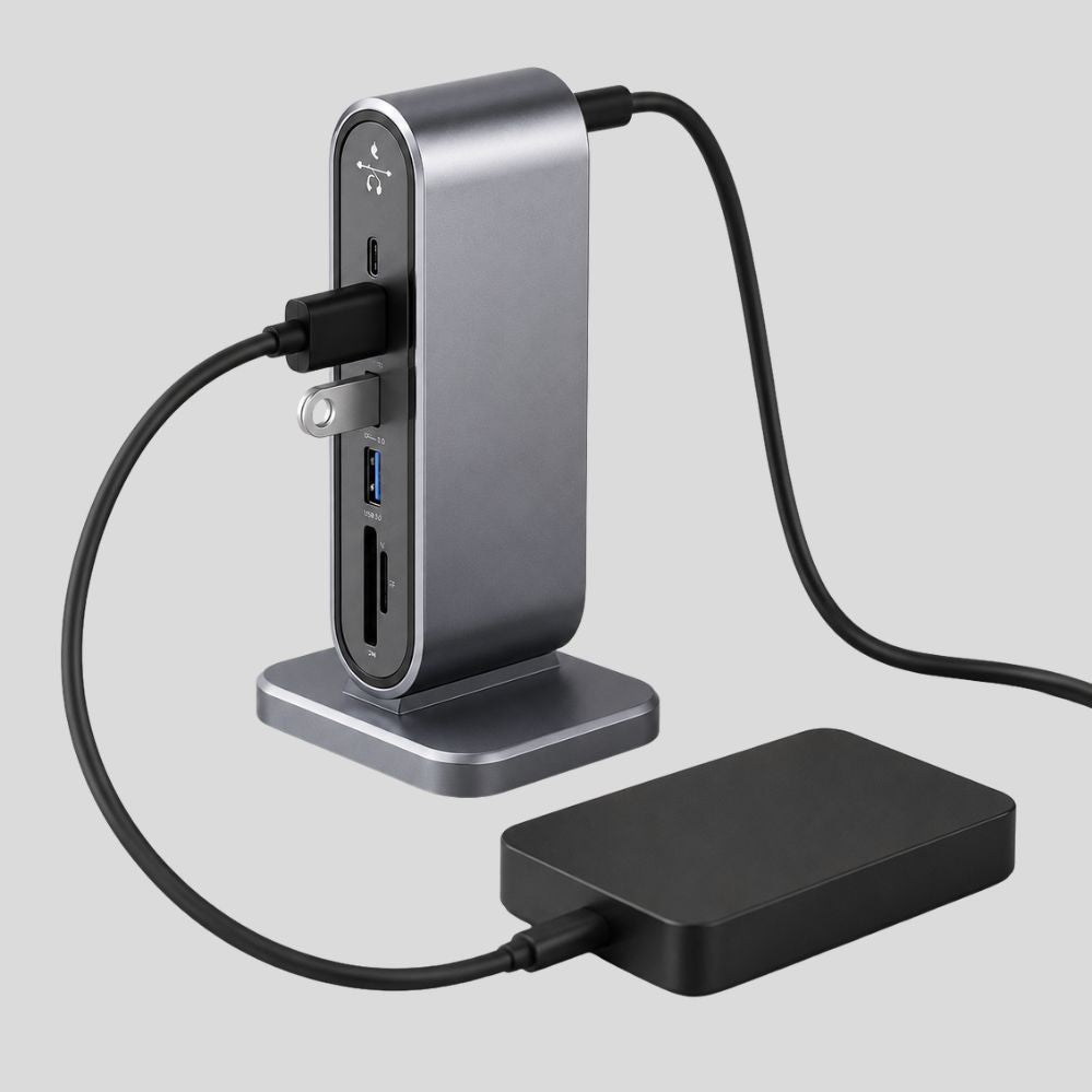 Station d’accueil USB-C verticale avec double écran 4K, Ethernet Gigabit et hub USB intégré