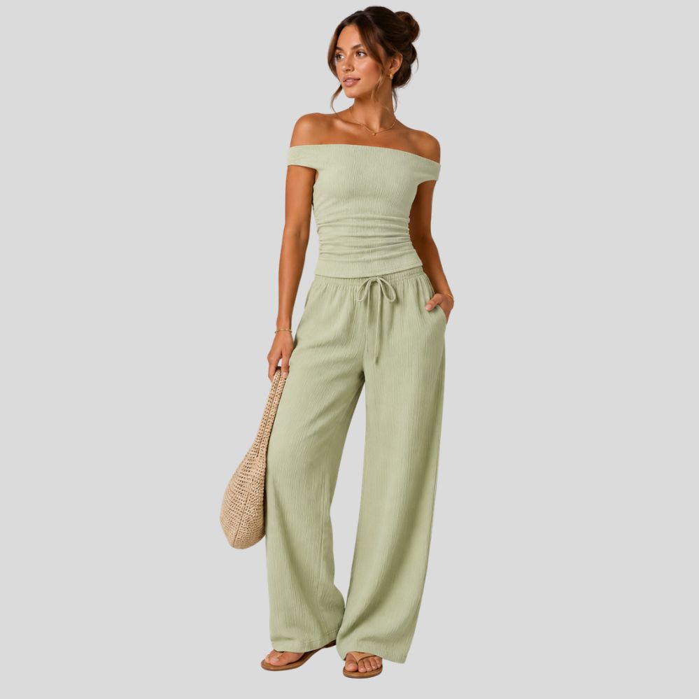 Ensemble femme 2 pièces – t-shirt épaules dénudées uni + pantalon ample taille nouée