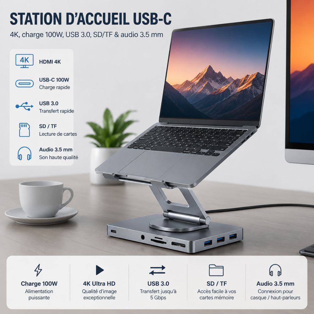 Station d’accueil USB-C – 4K, charge 100W, USB 3.0, SD/TF & audio 3.5 mm