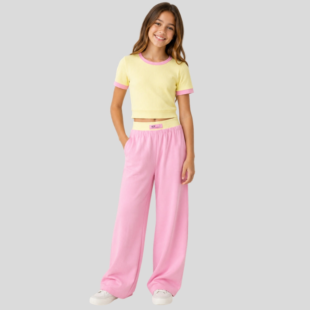 Ensemble fille été 2 pièces – haut manches courtes contrasté + pantalon long décontracté ado