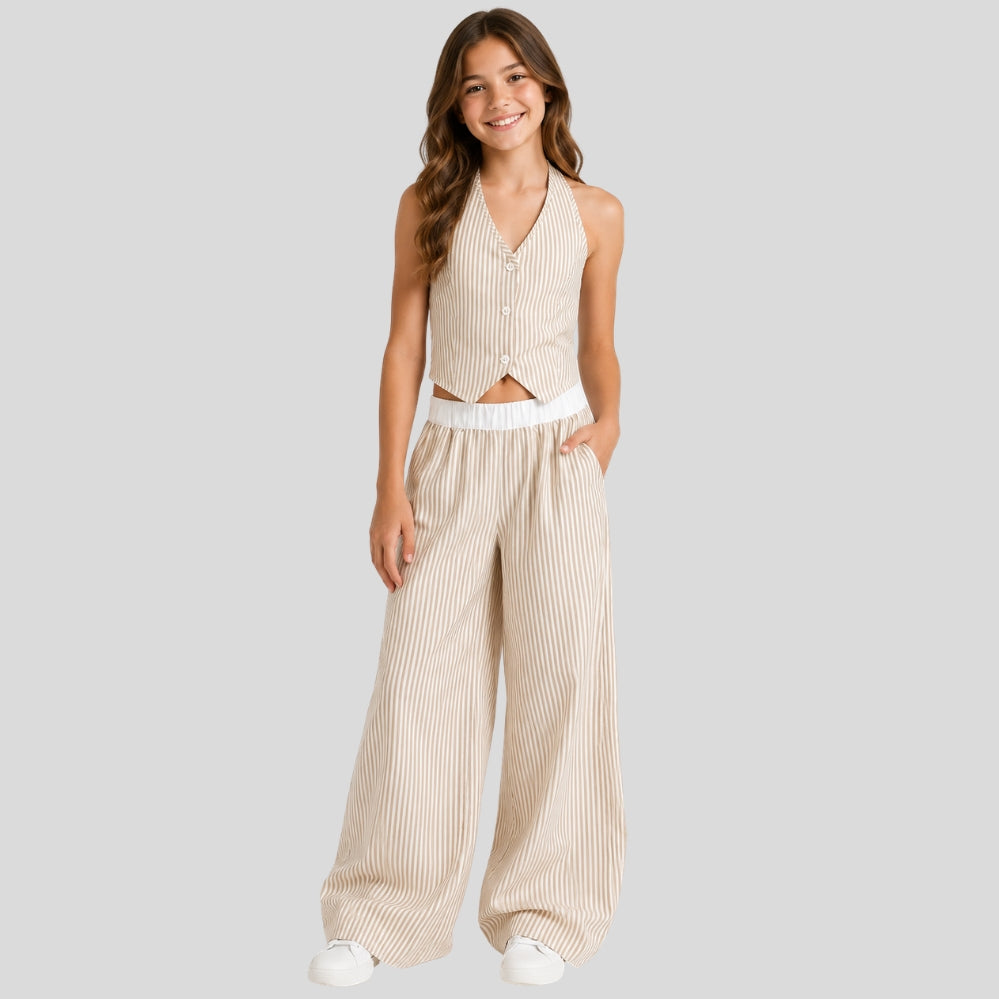 Ensemble fille Y2K 2 pièces – top court col nu + pantalon large rayé, style rétro ado