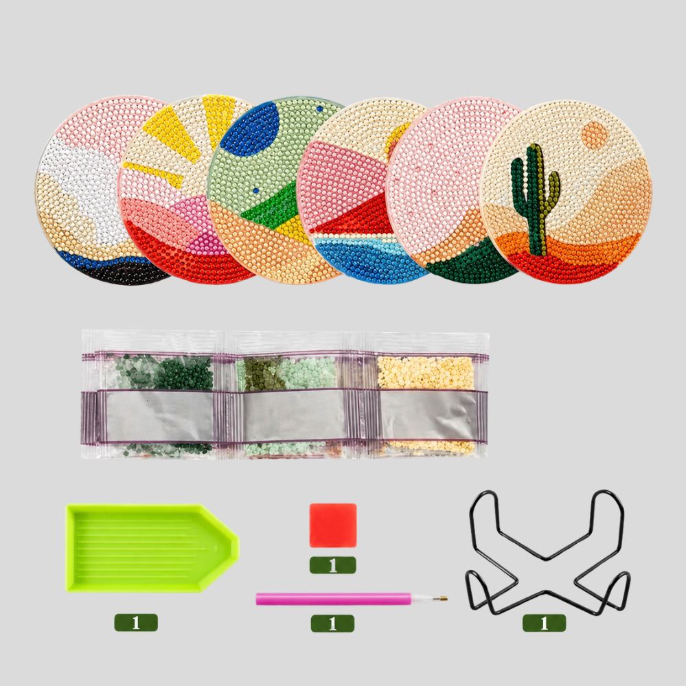 Lot de 6 sous-verres peinture diamant – motifs désert jour/nuit avec support, DIY débutants