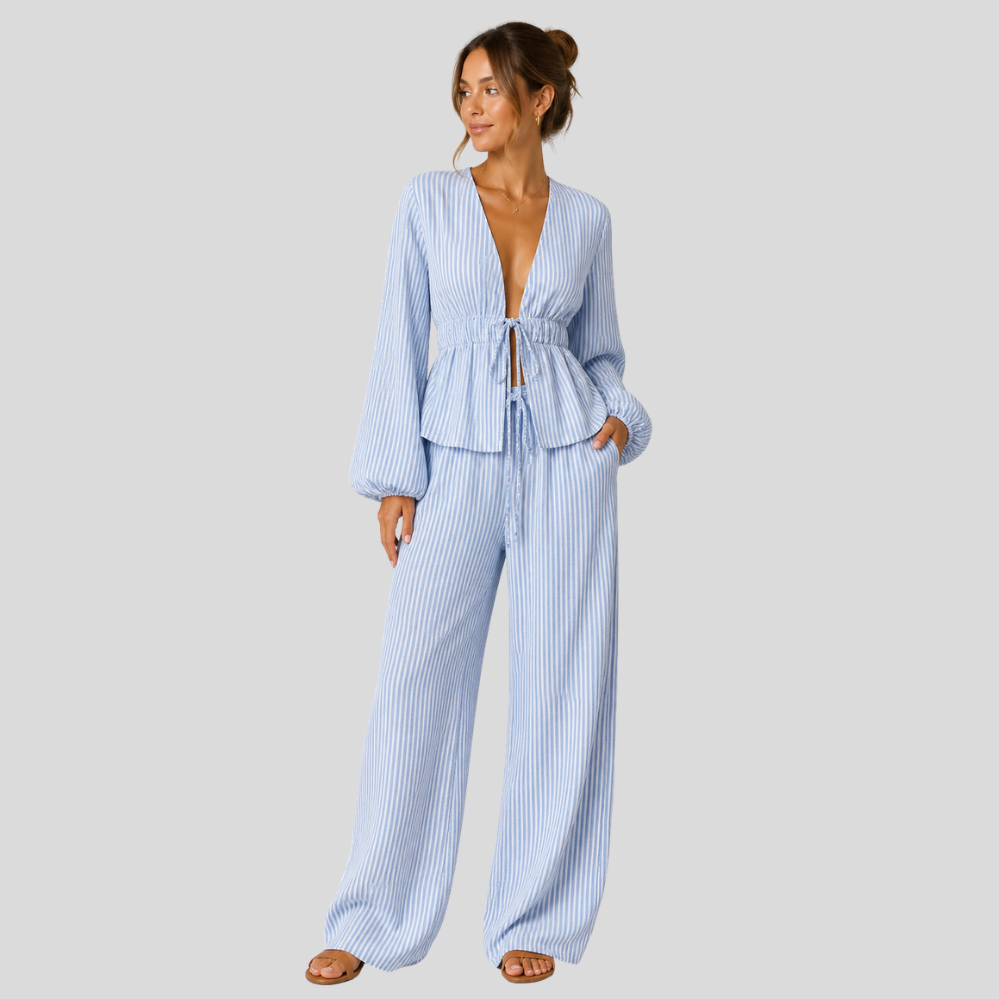 Ensemble femme rayé 2 pièces – chemise plissée col V nouée + pantalon cordon, chic décontracté